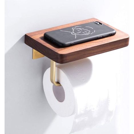 RGE Porte papier toilette bois, support papier toilette mural de téléphone portable avec étagère, surface en laiton poli de style moderne porte serviettes en papier accessoires de salle de bain en rou (1/3)