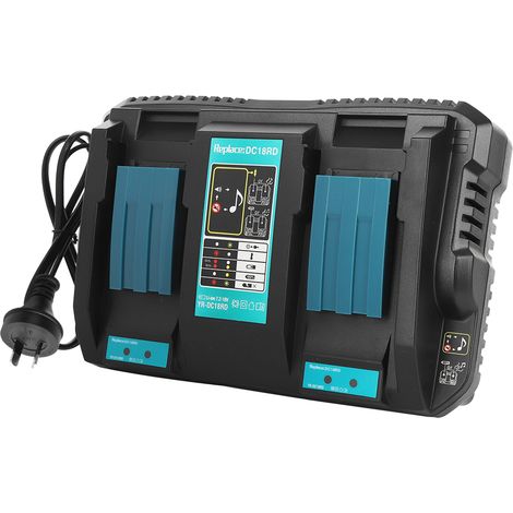 Chargeur double pour batteries avec interface USB DC18RD, compatible avec les modèles Makita BL1830 et BL1430 (prise 14,4-18 VAU, 100-240 V). (1/5)
