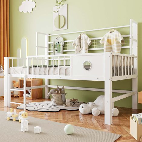 Lit enfant 90x200 cm, lit mezzanine bas, cadre métallique, barrières de sécurité, étagères, penderie, blanc, sans matelas (1/5)