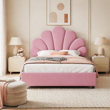 Letto imbottito 90x200 cm rosa in velluto, con contenitore idraulico (1/5)