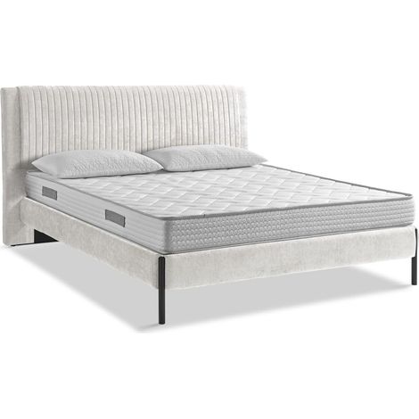 EVERGREENWEB - Letto Matrimoniale con Materasso Waterfoam + 2 Cuscini GRATIS, Rete a Doghe in Legno 160x195 cm, Elegante Testiera Imbottita a Strisce in Velluto Bianco, MIAMI (1/4)