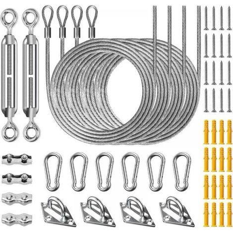Kit de Fixation Voile d'Ombrage pour Patio 52 Pièces, Acier Inoxydable 304 Kit Accessoires de Fixation Attache Toile ombrage Installation, avec Tendeur Réglage + 2m Corde en Acier-Crezuo (1/4)