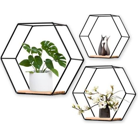 Étagères murales hexagonales en métal, ensemble de 3, étagères suspendues décoratives, étagères murales loft, étagères pour décoration murale (1/5)
