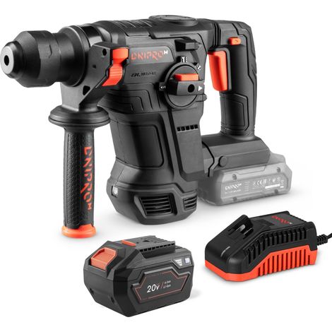 Marteau Perforateur SDS Plus 20V Brushless DHR-203 BCX - 4 J d'Impact, Ø26 mm pour Béton Armé, Anti-Vibration, Protection Anti-Rebond, Batterie 6 Ah et Chargeur, Usage Professionnel - Par Dnipro-M