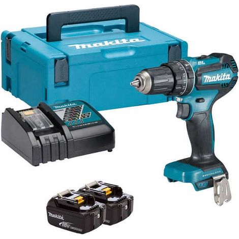 Makita – Perceuse à percussion 18V avec 2 batteries 3.0Ah – Moteur Brushless – Technologie XPT pour durabilité – Éclairage LED intégré