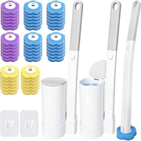 Lot Brosse WC Jetable 54 Pièces, 2 Brosses avec Manche Long et Système à Clip, 2 Supports Muraux avec Adhésif, 48 Têtes de Rechange en Éponge pour Toilette, Salle de Bain, Lavabo et Baignoire (1/5)