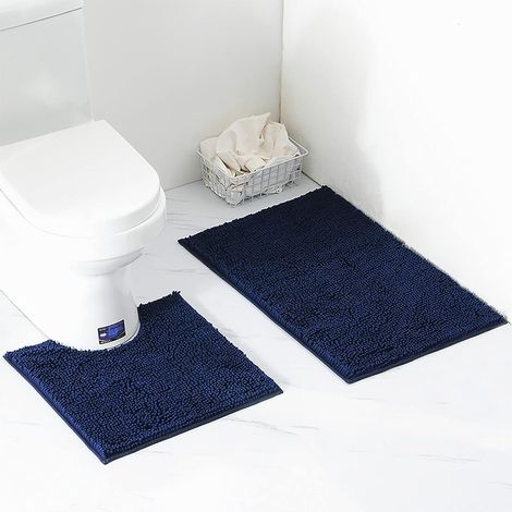 Juego de 2 alfombrillas de baño/inodoro, alfombrilla de inodoro de chenilla gruesa, suave y absorbente, antideslizante, lavable a máquina (azul marino) (1/5)