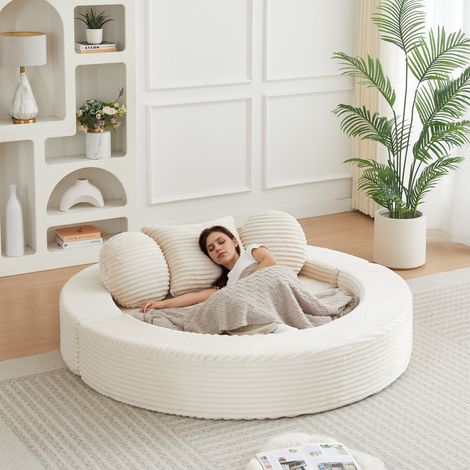 Canapé Convertible Rond 1 Place en Velours Côtelé, Méridienne 4 en 1, Sofa Demi-Cercle Modulable avec Coussins Inclus - Beige (1/5)
