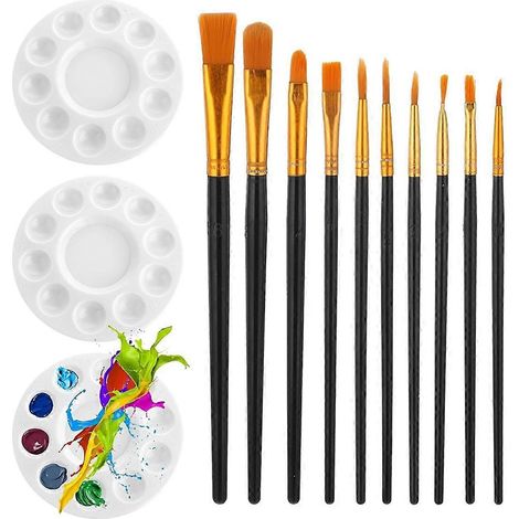 Ensemble de 10 pinceaux en nylon pour peinture acrylique, comprenant une palette et 3 plateaux ronds. (1/5)