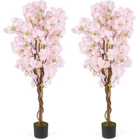 150 cm Lot de 2 Cerisiers Artificiels Fleurs Roses Décoration Intérieure et Extérieure Arbre avec Tronc en Bois et Pot Lesté (1/5)