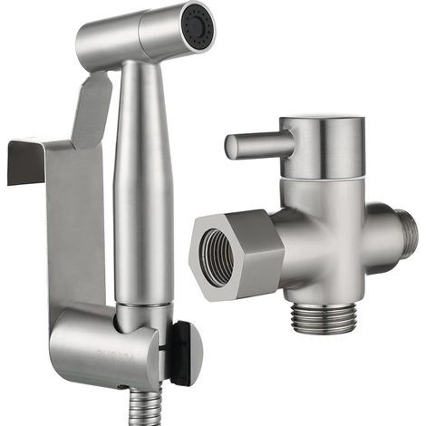 Kit Douchette Wc Acier Inox Douchette à Main Bidet avec Vanne WC 3 Voies 3/8"-12/17 et Tuyau de Douche 1.2m, Idéal pour WC Suspend, WS024F8 (1/5)
