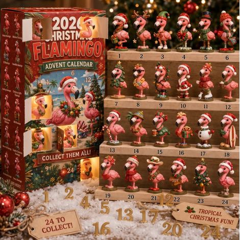 Calendrier de l'Avent de Noël 2026 - Édition boîte surprise du calendrier de l'Avent Flamant rose de Noël -