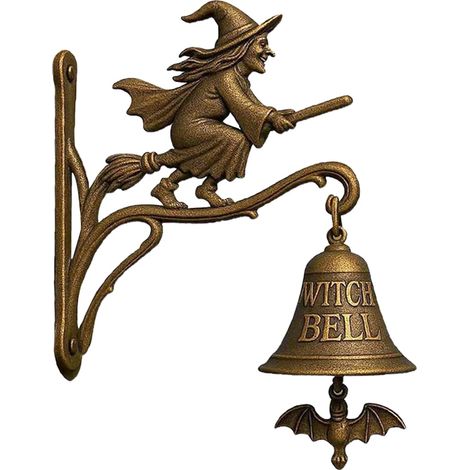 Ausi Sonnette de porte décorative vintage en fonte pour Halloween avec sorcière sur balai pour porche, jardin, porte d'entrée, décoration intérieure et extérieure (1/5)
