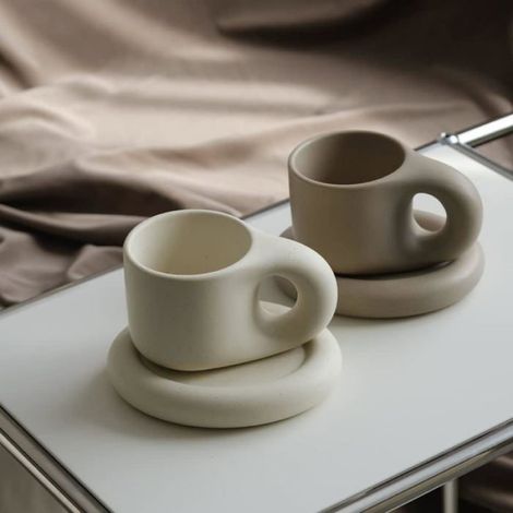 2 Ensembles tasse et soucoupe, céramique couleur noix de coco, 27 cl, poignée ergonomique, pour café thé