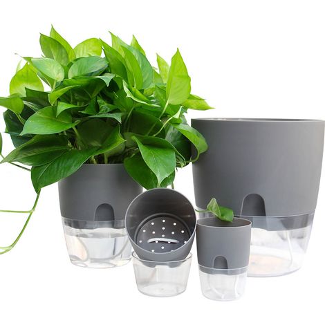 Pot de fleurs décoratif en plastique avec corde en coton et arrosage automatique, gris, 15,3 cm de diamètre, idéal pour plantes d'intérieur et d'extérieur, fleurs et herbes aromatiques. (1/4)