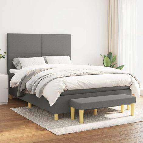 Lit avec Sommier à Lattes, Matelas et Banc 140x190cm Gris - Tissu Durable, Tête de Lit Réglable, Mousse et Ressorts Ensachés, Support Moyen-Dur (1/5)