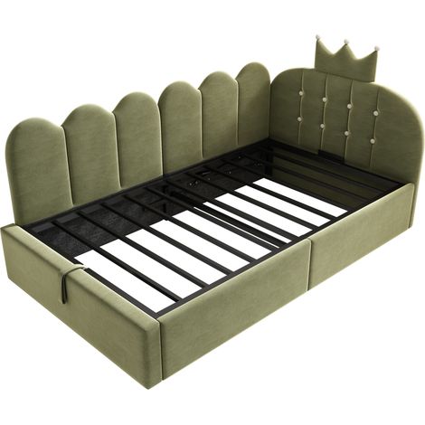 Lit coffret rembourré 90x190 cm en velours vert avec rangement hydraulique et design couronne sans matelas (1/5)