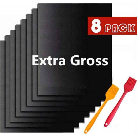 Tapete para parrilla, parrilla, plancha, placas antiadherentes para parrilla, reutilizables y lavables - (8 piezas, negro) 33x40 cm + 2 cepillos para parrilla (color aleatorio) (1/5)