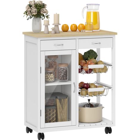 Desserte de cuisine à roulettes, îlot central cuisine avec plateau en bambou, porte vitrée, 67 x 35 x 80 cm, blanc (1/5)