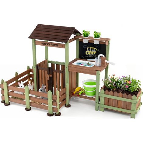 Ferme de jeu enfant en bois avec bac à plantes, cour verrouillable, robinet et pompe à eau pour jardin, terrasse et plein air (1/5)