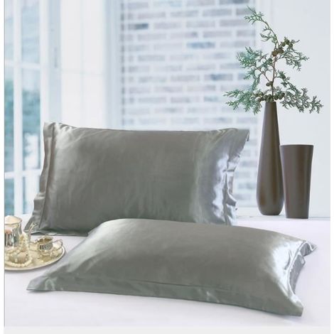 Lot de 2 Taie d\'oreiller en Soie Satin Super Douce 48 x 74cm - Gris (1/3)
