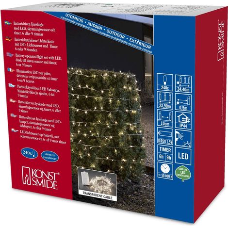 Konstsmide 3730-103 - Catena luminosa LED con interruttore on/off e sensore luminoso, timer per 6 e 9 ore, adatta a esterni (IP44), 240 diodi a luce bianca calda, funzionamento a batteria, con cavo tr (1/3)