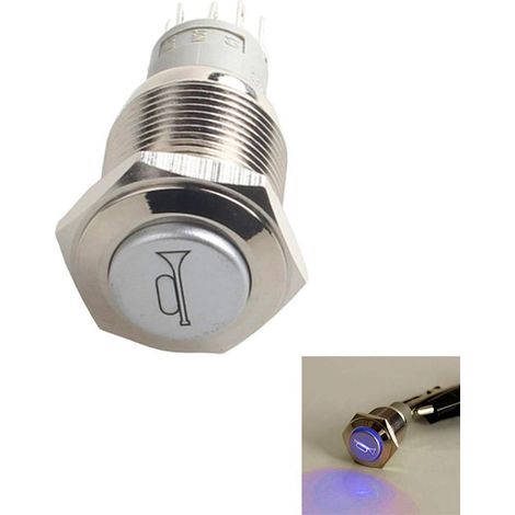 Bouton de klaxon de voiture Tovbmup, LED bleue, argent, 16 mm (1/4)