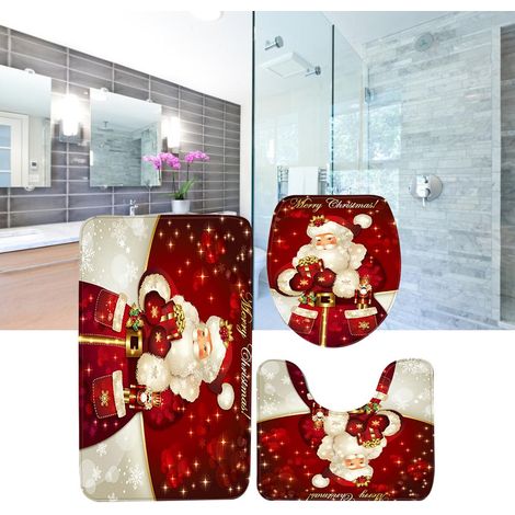 3-teiliges Weihnachtsmatten-Set: Rutschfeste Fußmatte mit Weihnachtsmannmotiv, Badezimmer-Fußmatte, WC-Sitzbezug, U-förmige WC-Bodenmatte (1/5)