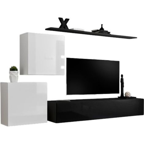 Ensemble meuble salon SWITCH V design, coloris noir et blanc brillant.