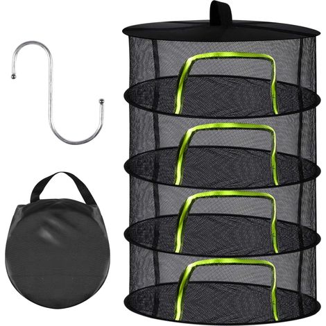 Paquete de 2 redes de secado de hierbas, secadora plegable de 4 capas con gancho y cremallera, 60 cm de diámetro, para verduras, plantas y ropa, 60 x 80 cm, color negro