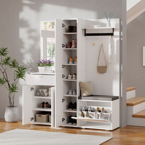 Meuble d'entrée 150x36x180 cm avec miroir, penderie, banc, rangement chaussures, tiroir et 3 portes, vestiaire couloir, MDF, Blanc (1/5)