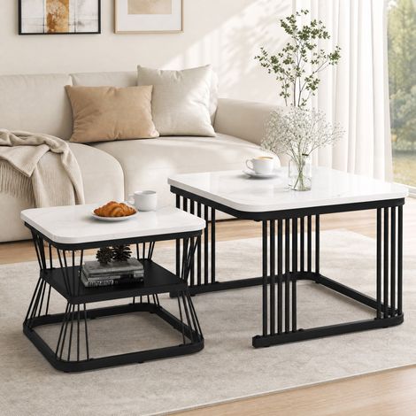 Set di 2 tavolini bianchi, MDF effetto marmo, 65 x 65 x 45 cm e 45 x 45 x 39,5 cm (1/5)