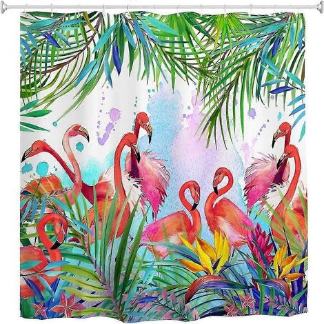 Rideau de douche flamant rose, motif feuilles et fleurs tropicales, imperméable et anti-moisissure, en tissu pour salle de bain (1/5)