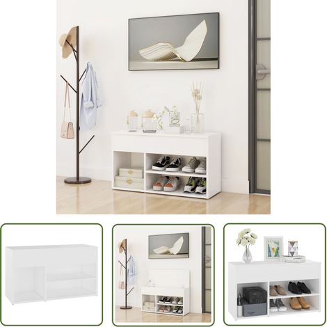 The Living Store Banc à chaussures Blanc 80x30x45 cm Bois d’ingénierie - Banc Chaussure - Meuble Entrée - Rangement Chaussures - Banc Rangement - Organiseur Chaussures (1/5)