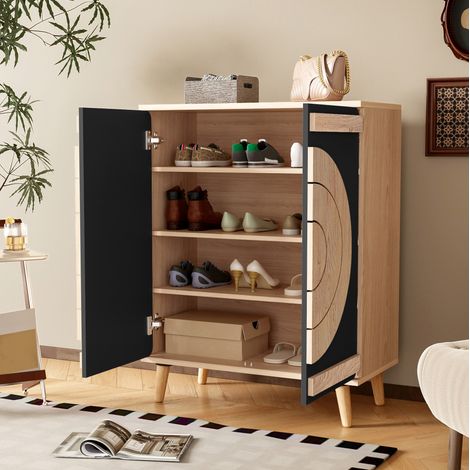 Schuhschrank 76x37x98.5 cm Schwarz aus MDF mit geometrischen Türen und mehrstufigem Stauraum (1/5)