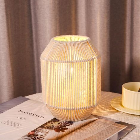 Abat-jour tissé en corde de coton 22 cm - Lampe de chevet décorative sans fil, à piles, avec minuterie 6h pour chambre, salon, mariage, fête, terrasse