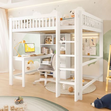 Lit mezzanine enfant 140x200 cm blanc en pin, bureau intégré, étagères, 3 tiroirs, échelle et barrières hautes, sommier à lattes inclus, sans matelas (1/5)
