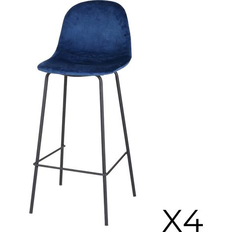 Set von 4 Barhockern mit Rückenlehne aus blauem Samt und Metallgestell aus der Kollektion LALY - Industriestil