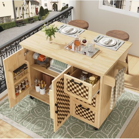 Isola Cucina 120x75/45x92 cm in MDF e Metallo, Piano Ribaltabile, Contenitore su Ruote (1/5)