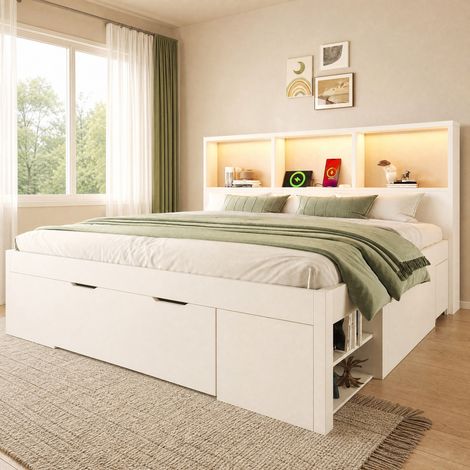 Cama 140x190 con almacenaje, 2 mesitas móviles, LED, USB y USB-C, blanco HAVRYA (1/5)