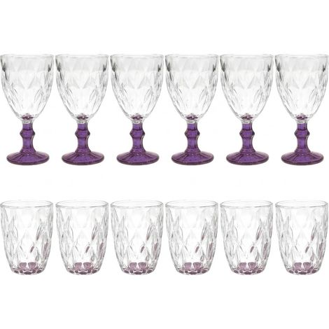 Set 12 Bicchieri 6 calici con piede vino 6 acqua in Vetro trasparente viola da tavola Eleganti Stile Raffinatezza in casa per Ogni Tavola e Occasione bar hotel ristorante