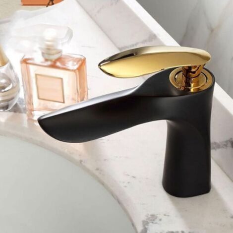Badarmatur - Einloch-Warm- und Kaltwasseranschluss - geeignet für Badezimmer und Toiletten - flaches Profil, schwarz und gold, 1 Stück, 35-mm-Montageloch.