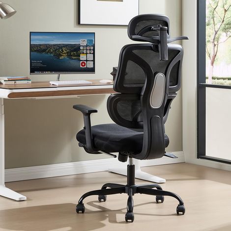 Sedia a Rete Reclinabile 90°-135° con Supporto Lombare e Schienale, Sedia da Ufficio Ergonomica con Poggiatesta e Poggiapiedi, Sedie da Scrivbania con Comfort e Funzione, 63,5 x 70 x 118-128 cm, Nero (1/5)