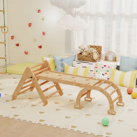 Estructura de escalada 7 en 1: escalera arqueada, escalera triangular, rampa, rocódromo, tobogán. Para niños de 1,5 a 4 años. Plegable. De madera.