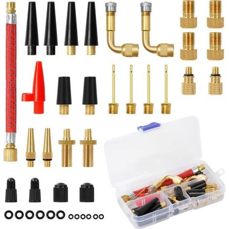 Embout Pompe Velo 40 Pièces, DV AV SV Adaptateur de Valve de Vélo avec Boîte de Rangement, Embout Gonfleur Ballon, Adaptateur Pompe Velo avec Tuyau de Gonflage, pour Pompe à Vélo/Compresseurs Pompes (1/5)