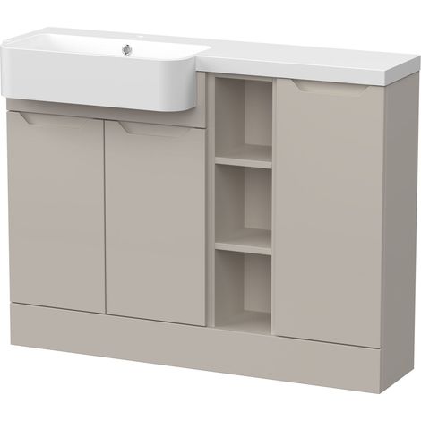 Teddesley Floor Standing Compact 3 Door Combination Vanity Basin Unit with Open Shelves and Basin, 1100mm, Left Hand, Pebble Grey