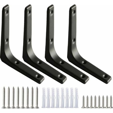 4 staffe per mensole da parete nere, staffe resistenti, 100 x 100 mm, supporti per mensole a forma di L, robusti, spessi 7,5 mm, con viti per appendere mensole, armadi e decorazioni (acciaio) (1/4)