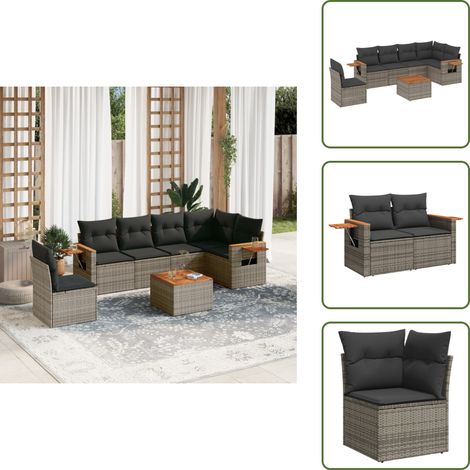 The Living Store Salon de jardin avec coussins 7 pcs gris résine tressée - Ensemble Salon De Jardin - Meuble Extérieur - Jardin Design - Mobilier De Jardin - Chaise Lounge