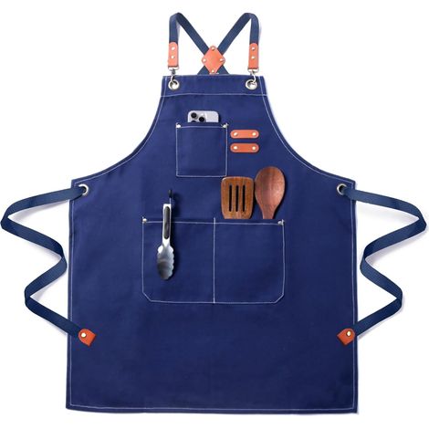Tablier de Cuisine en Toile, Imperméable et Réglable, avec Poches – Tablier de Travail pour Homme et Femme, Chef, Serveur, Barbecue, Peinture, Jardin, Restaurant (1/5)