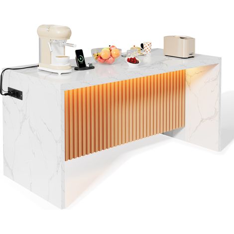 Îlot de cuisine blanc effet marbre avec LED, 2 prises UE, 2 USB, plateau 40 mm, design moderne pour cuisine ouverte et coin repas, idéal pour appartements, CHICFURN (1/5)